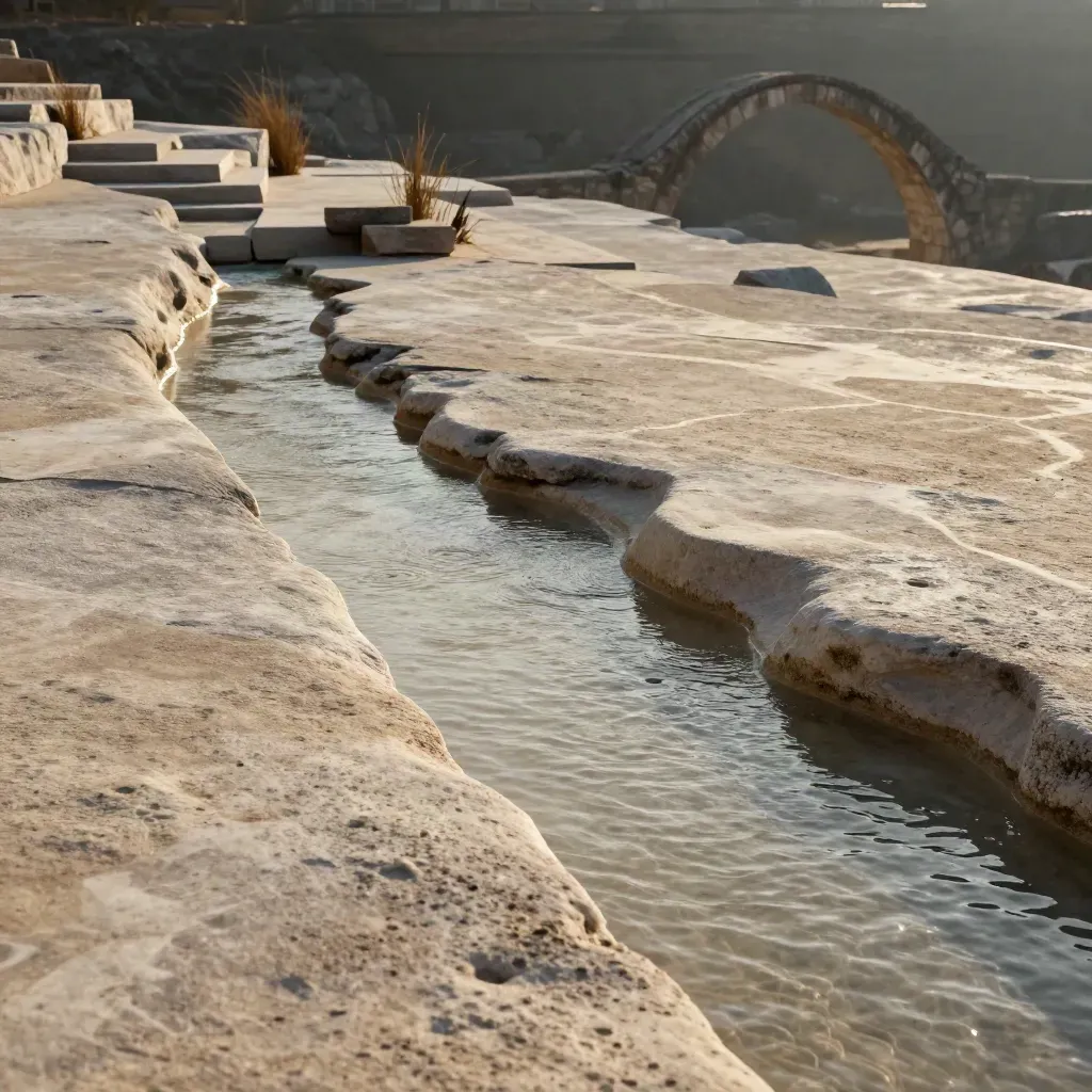 Travertine terrace with a shallow water channel and distant stone arch in warm late-morning light.