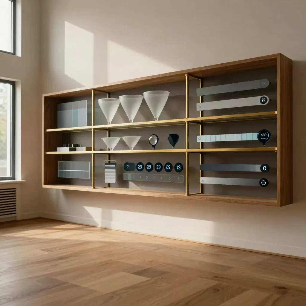 Oak-lined analytics interior with brass shelving, glass dashboard glow, calm copy space below.