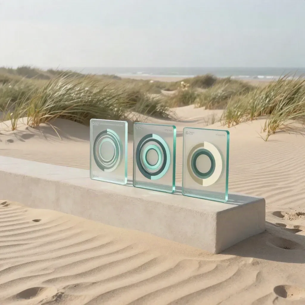 Coastal sand and dune grass with glass analytics tiles on a plaster ledge