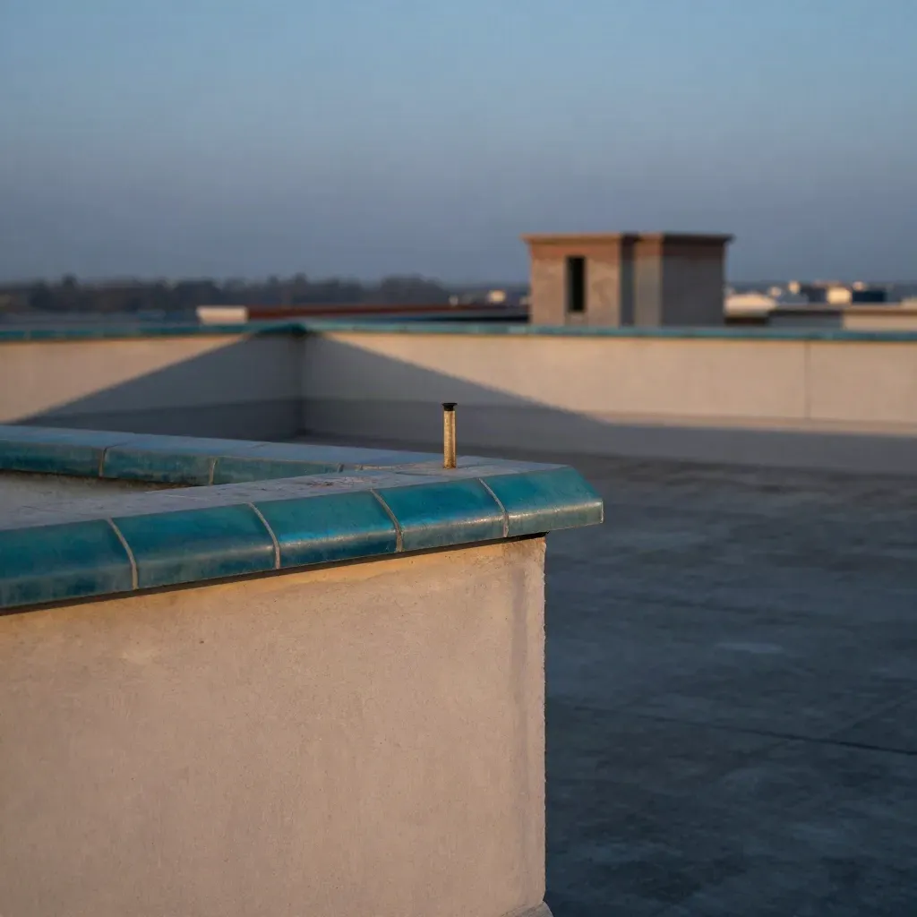 Blue-hour rooftop with teal parapet, pale concrete, and a fading skyline.