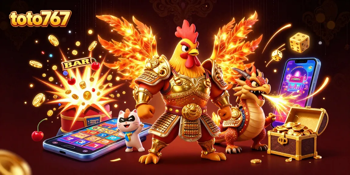 Toto767 mempersembahkan ilustrasi kasino yang kaya, menampilkan karakter pertarungan dan mesin slot dengan kemenangan jackpot.