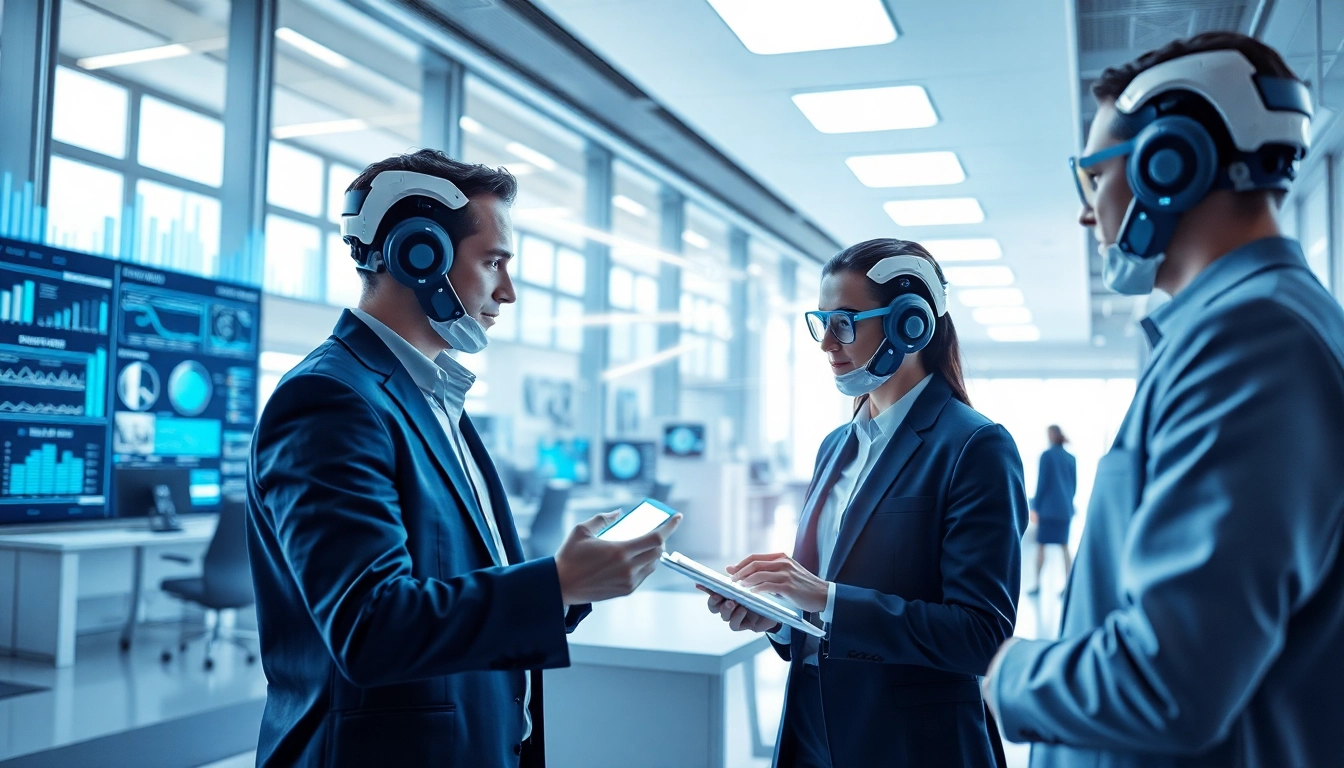 AI agents enhancing teamwork in a high-tech office with digital interfaces.