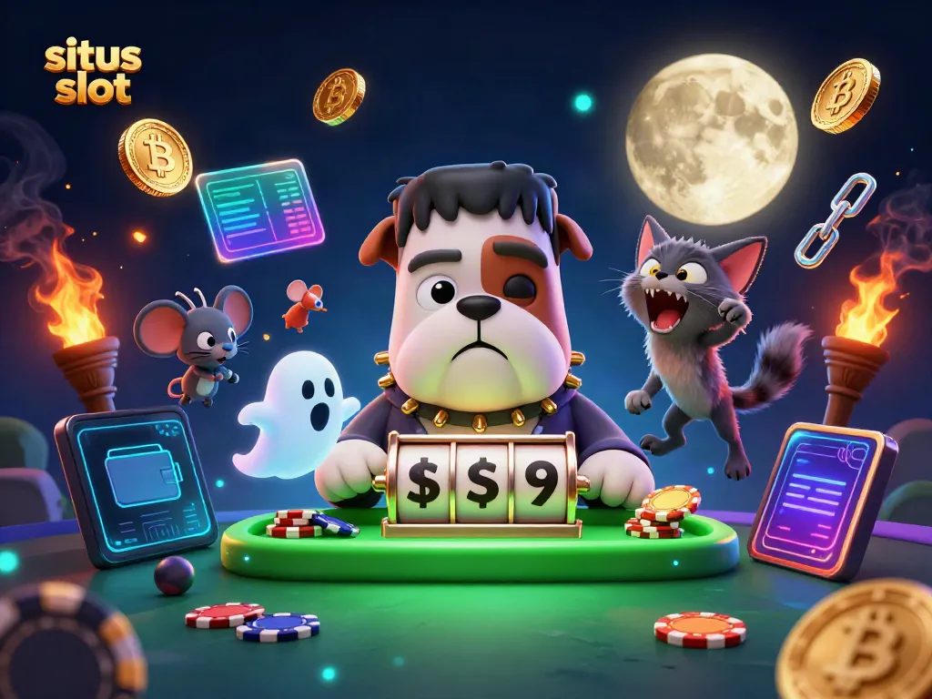 Gambarkan momen seru di situs slot saat monster bulldog bermain sambil dikelilingi koin crypto.