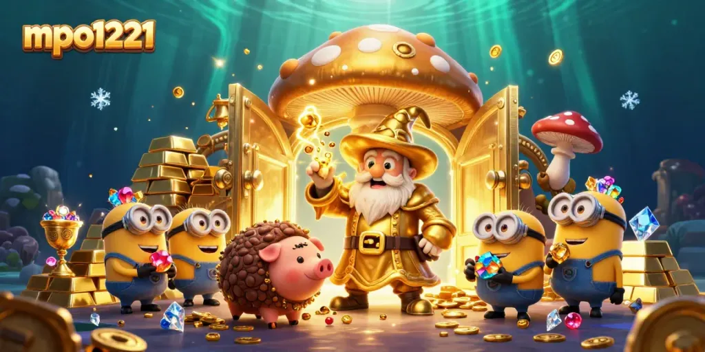 Engage in mpo1221 gaming magic with a golden wizard and treasures in a vibrant, dynamic scene.