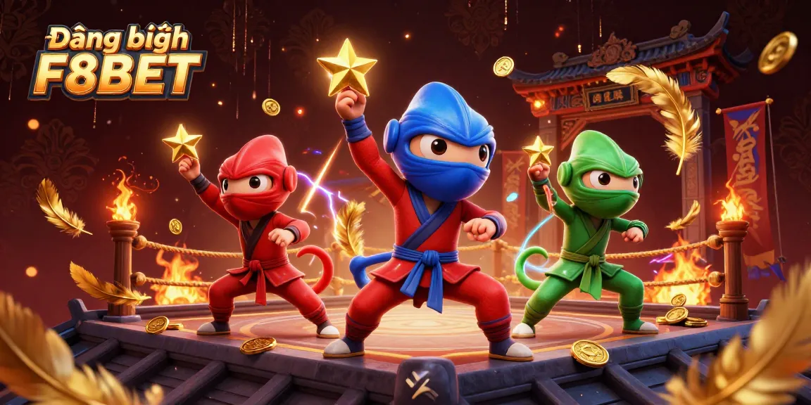Join the action with Đăng ký F8BET showcasing 3D ninja chameleons battling in a vibrant casino-themed arena.