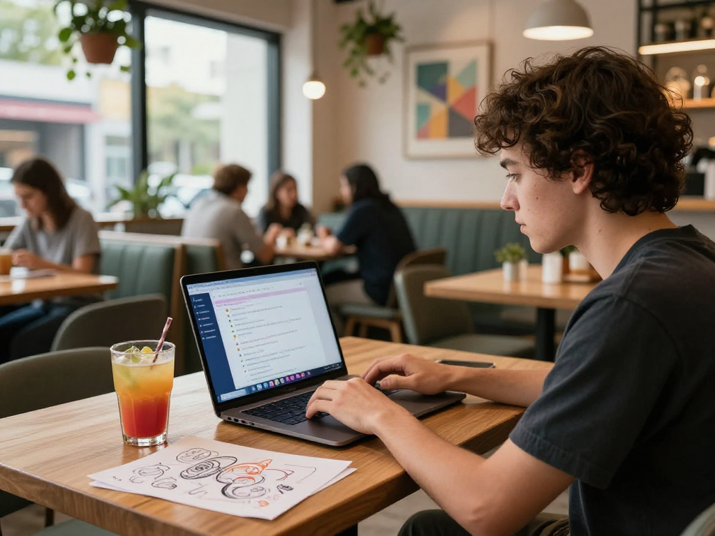 An individual using spicy chat AI in a lively café setting with vibrant décor.