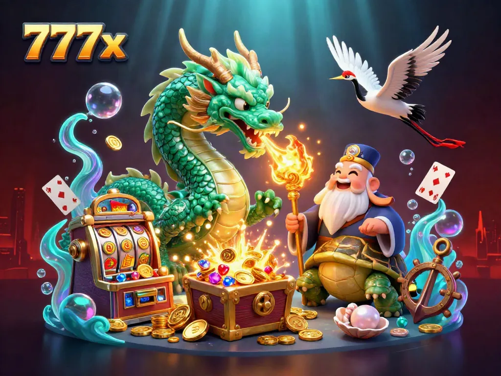 Engage with 777x’s vibrant casino experience featuring a jade dragon and lucky symbols.