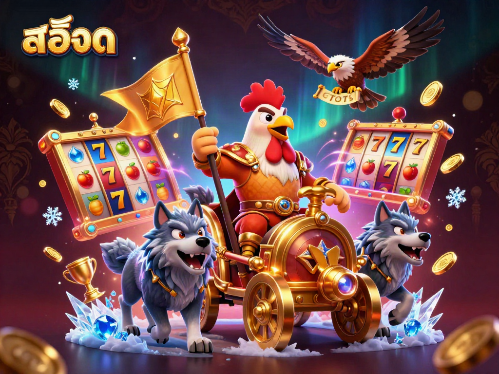 Spin the สล็อต reels with excitement as a cartoon rooster warlord leads the adventure!