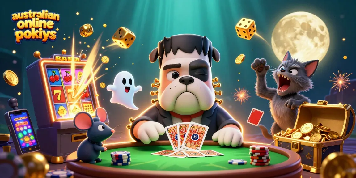Experience the thrill of australian online pokies with cartoon characters playing at a vibrant casino scene.