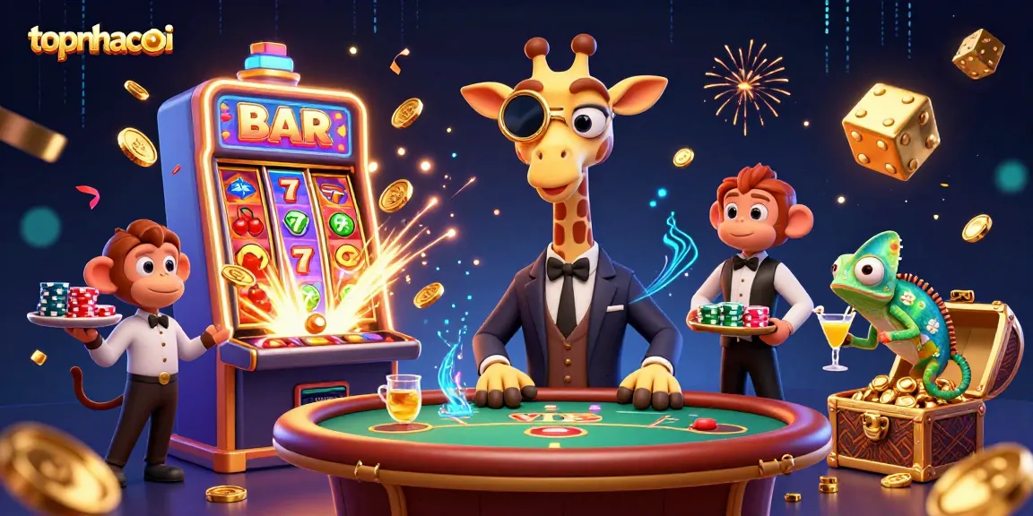 Engage in thrilling casino action at topnhacaimoi, featuring a vibrant giraffe and lively casino scene.