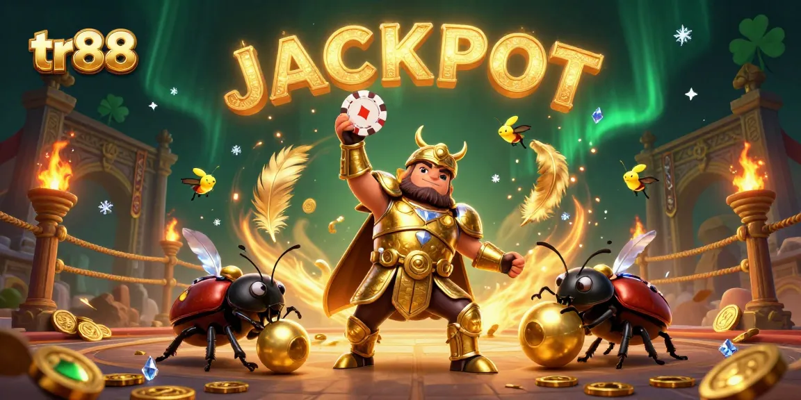 tr88 engages players with vibrant casino fun featuring a victorious beetle champion and golden tokens.
