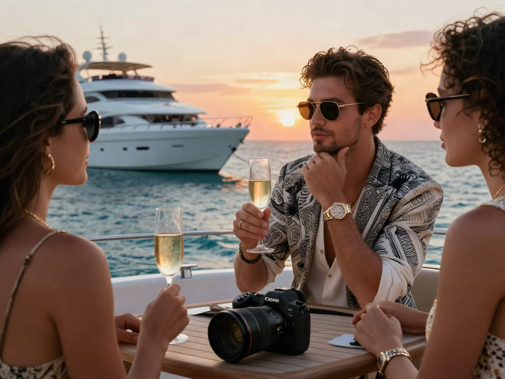 Pemandangan mewah LUXURY111 di dek yacht pribadi dengan seseorang memegang gelas sampanye.