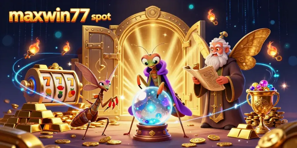 Engage with maxwin77 slot, featuring a mystical scene with vibrant characters and slot elements.