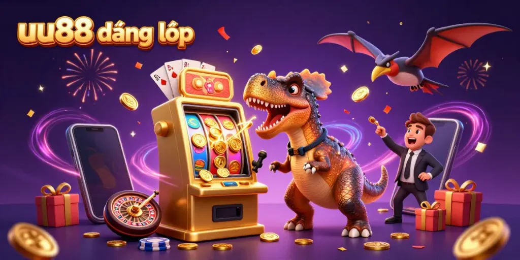 uu88 đăng nhập scene with cartoon dinosaurs interacting with casino elements, showcasing vibrant gambling atmosphere