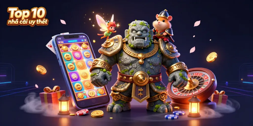 Engaging scene depicting Top 10 nhà cái uy tín with animated 3D characters and casino elements, showcasing online gaming excitement.