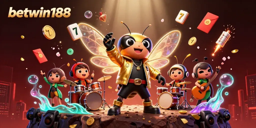 Jelajahi dunia BETWIN188 dengan ilustrasi 3D cicada rockstar dan elemen slot yang berkilau.