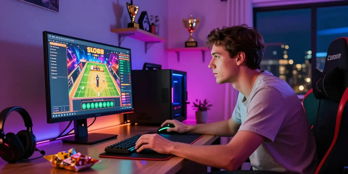 Gamer engaged in slot88 online gaming with vibrant graphics and modern setup