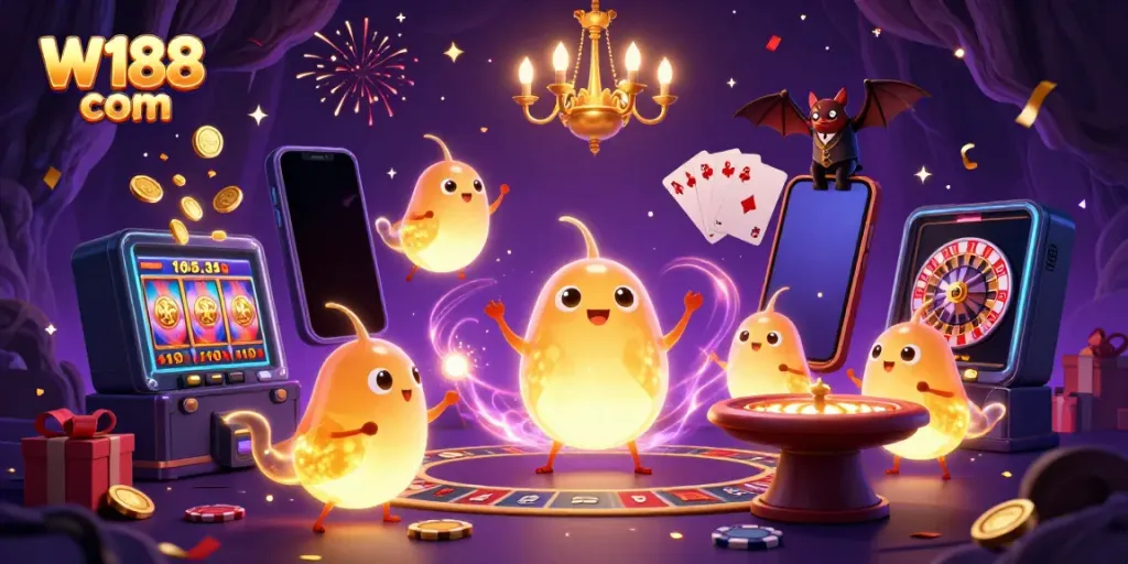 Experience the vibrant excitement of W188 com with glowing characters lighting up a virtual cave casino.