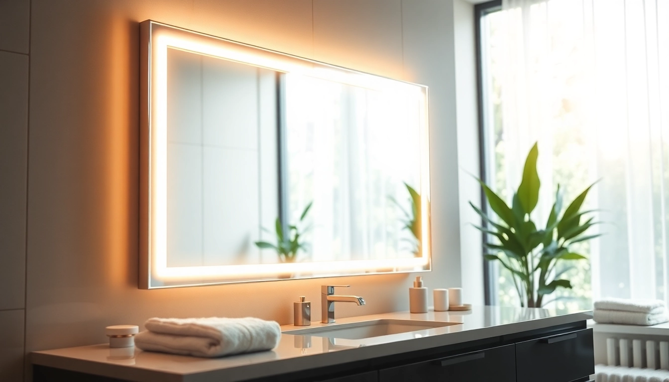 Reflect a stylish interior with an elegant mirror with light showcasing modern design and ambiance.