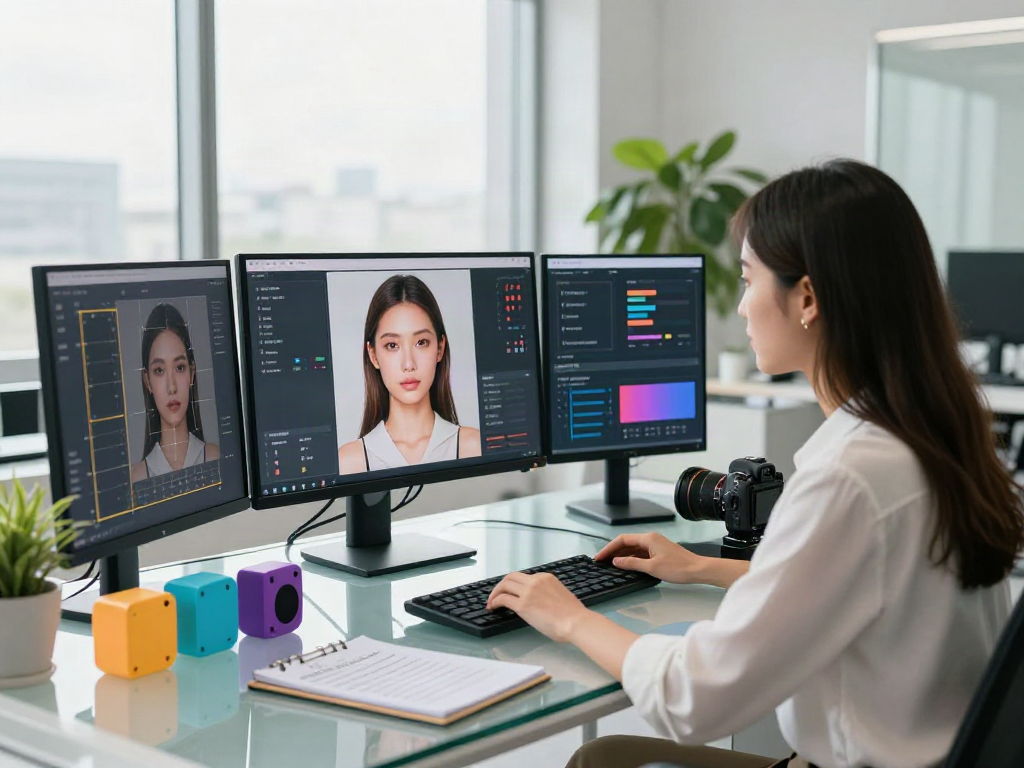 AI attractiveness test display with facial metrics analysis in a modern office.