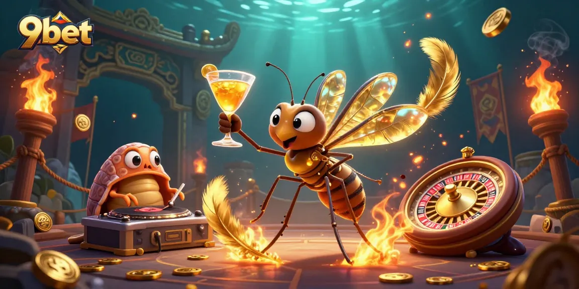 Experience the thrill of 9bet with a vibrant casino scene featuring a unique frozen-in-amber mascot.