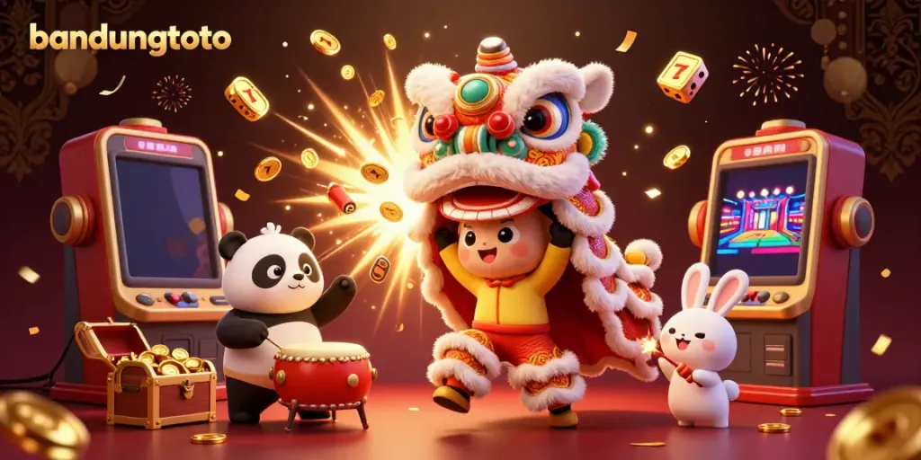 Engage with bandungtoto's vibrant 3D casino scene featuring lion dance and slot machine extravaganza.