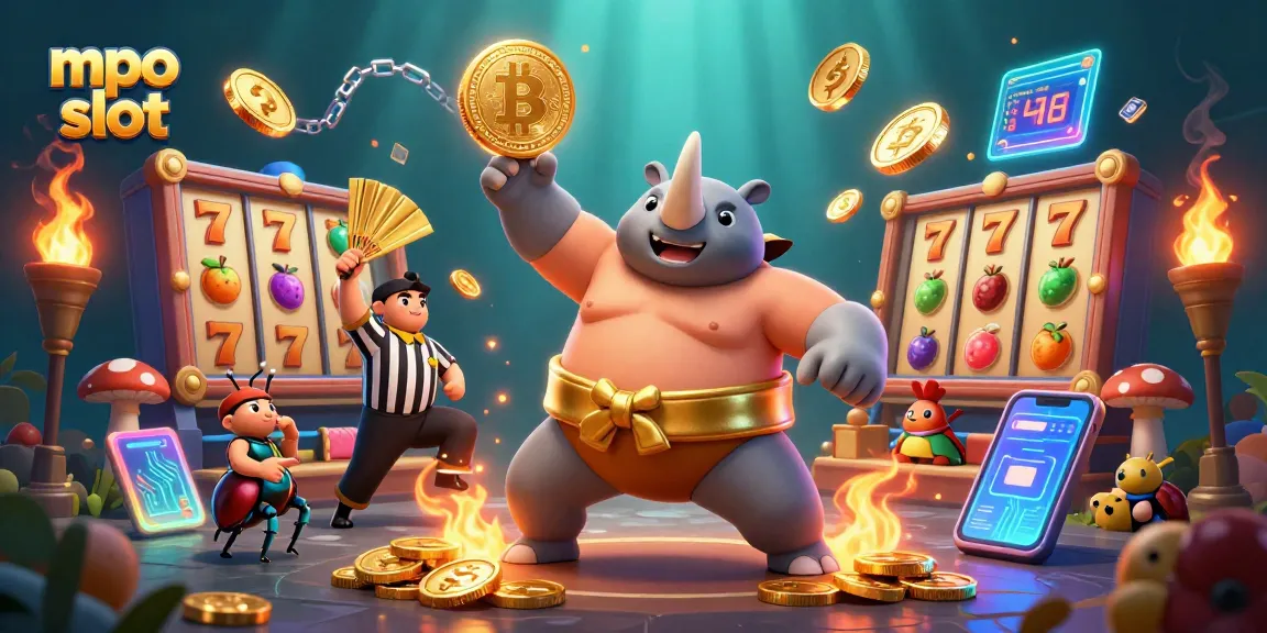 Experience thrilling mpo slot action with a vibrant scene featuring a sumo champion beetle amidst golden coins and slot reels.