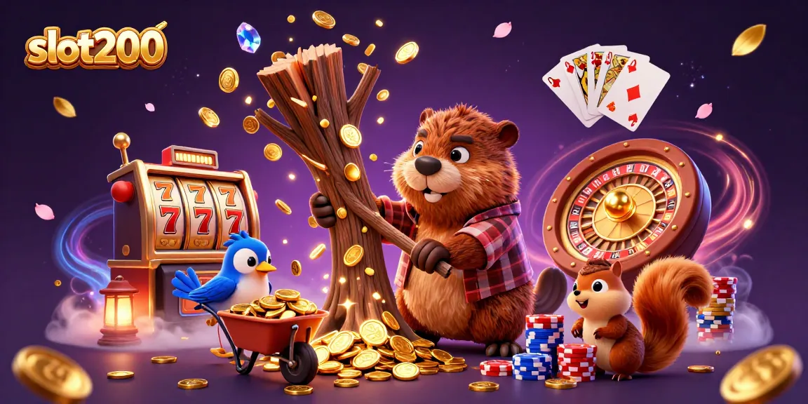 Experience fun and excitement with slot200 as a beaver and friends collect golden coins in a vibrant casino scene.