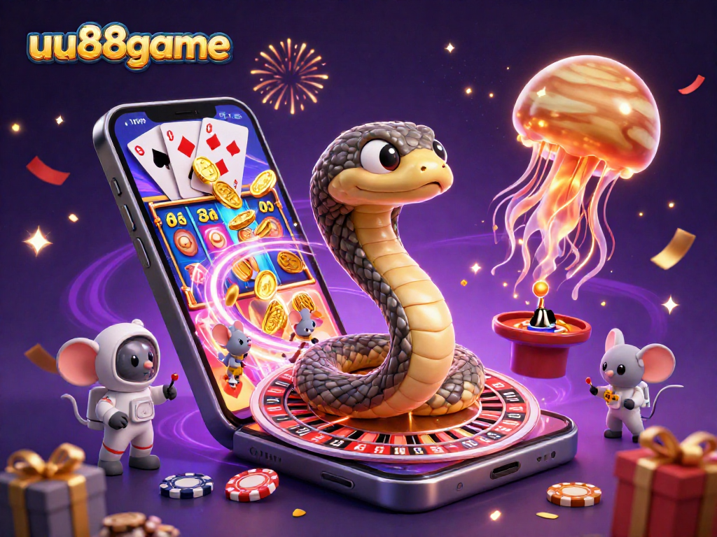 Engage with uu88game's cosmic casino featuring a roulette wheel, astronaut mice, and vibrant gaming elements.