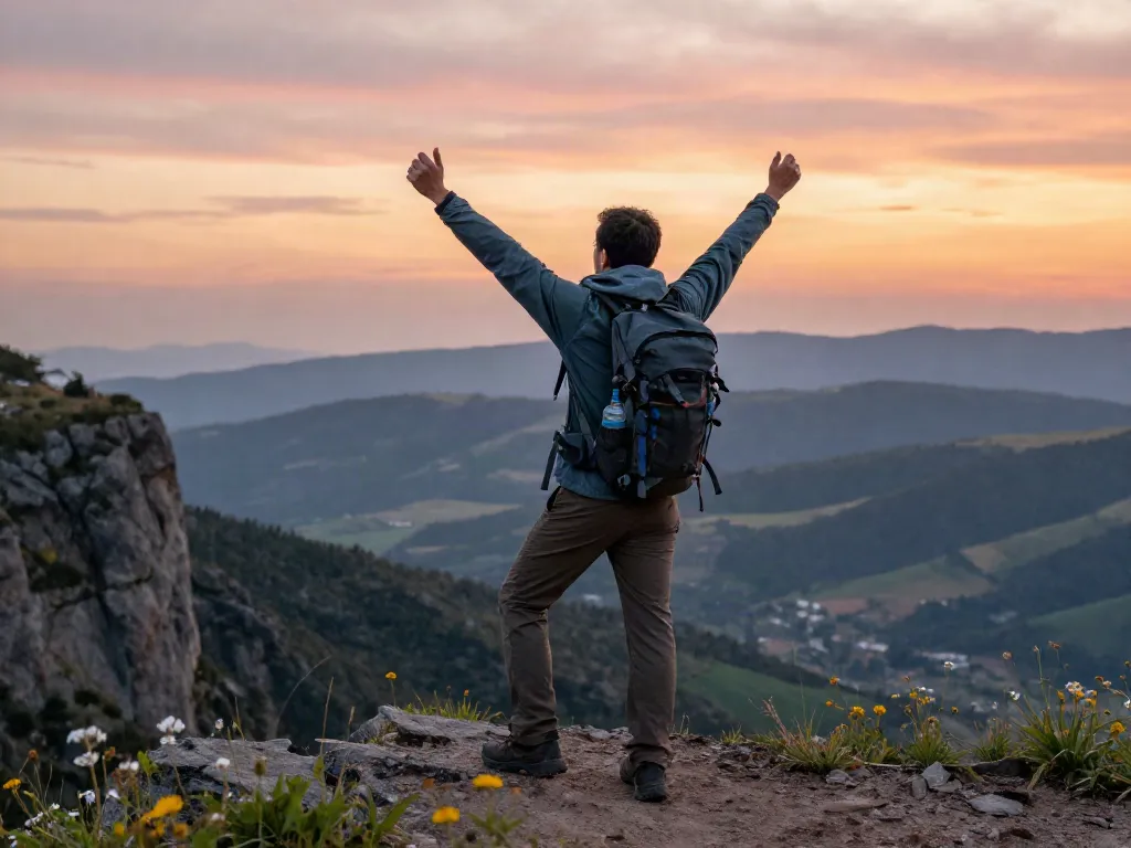 Traveler celebrating at a scenic viewpoint, ready to discover more adventures.