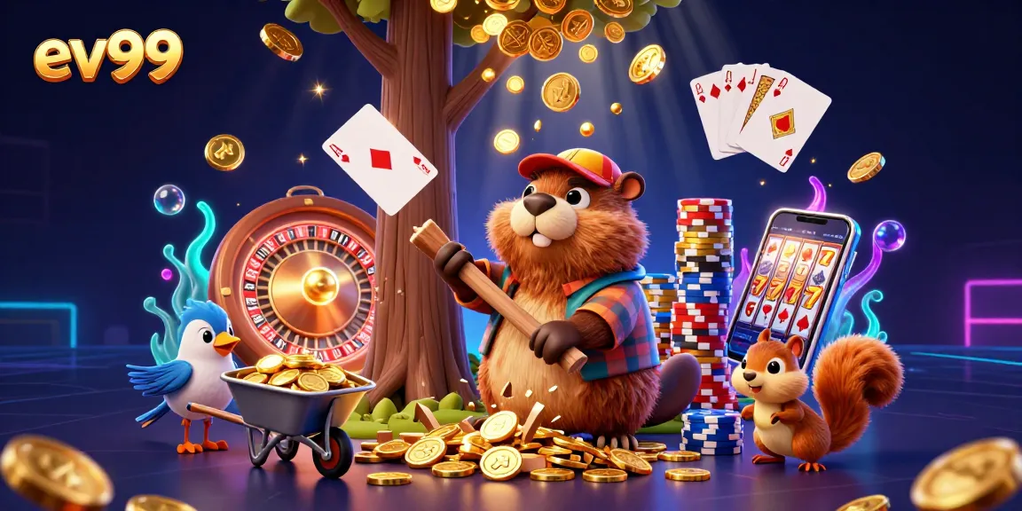 ev99 showcases vibrant cartoon scene with beaver, bird, and squirrel amidst cascading casino elements