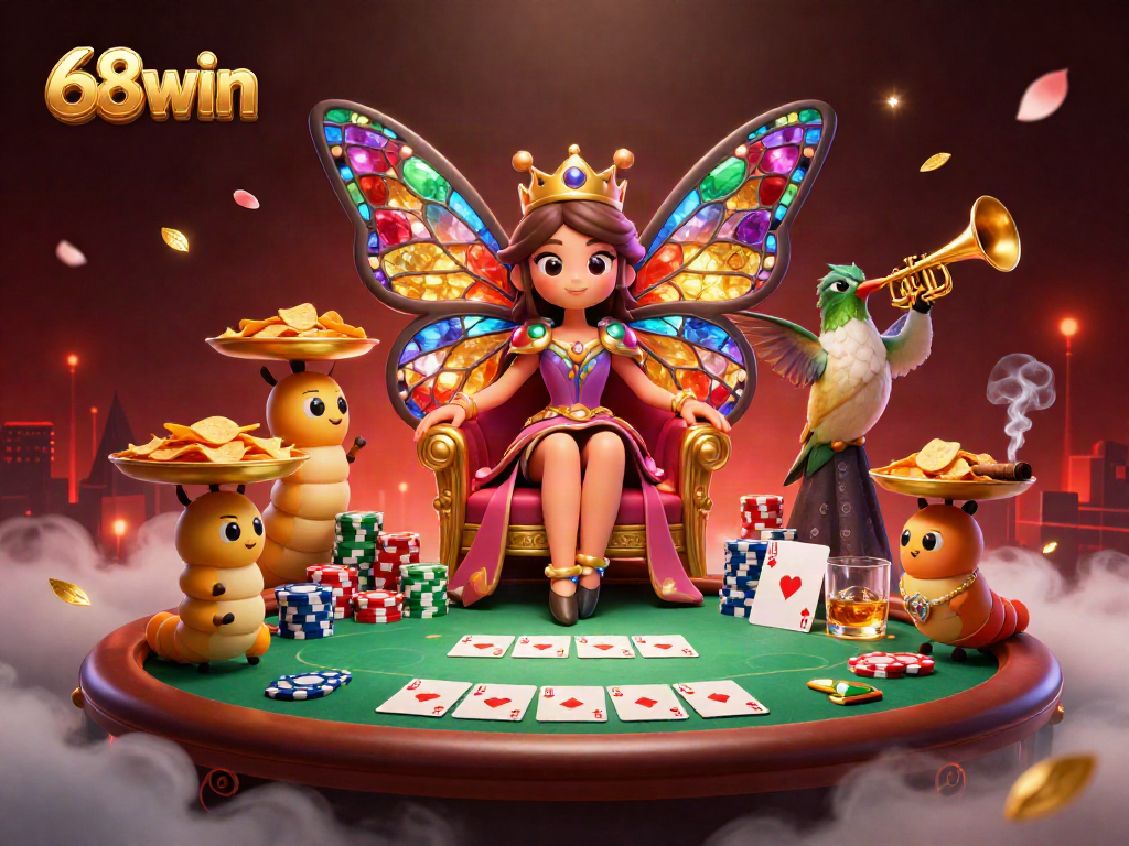 Engage with the dynamic 68win casino scene featuring a butterfly queen, poker elements, and vibrant colors.