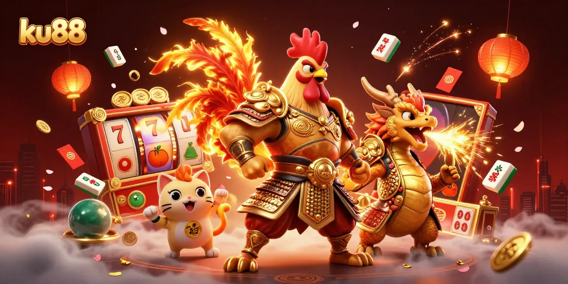 ku88’s thrilling 3D casino scene with a rooster hero, dragon sparks, and vibrant slot games