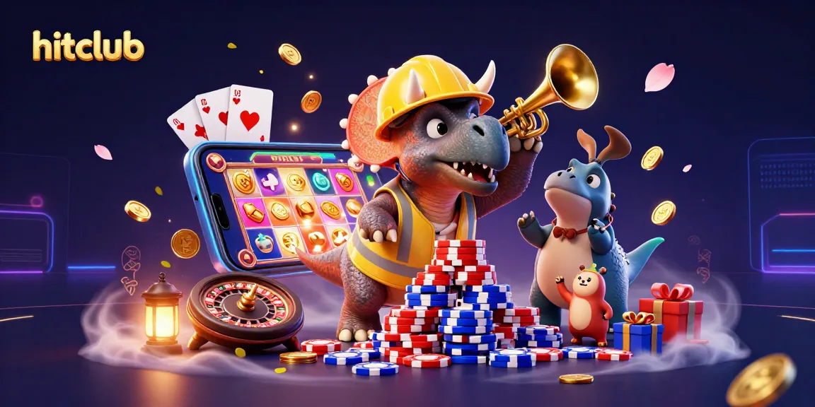 Hitclub's vibrant cartoon scene showcases a triceratops building poker chip pyramids amidst celebratory dinosaurs.