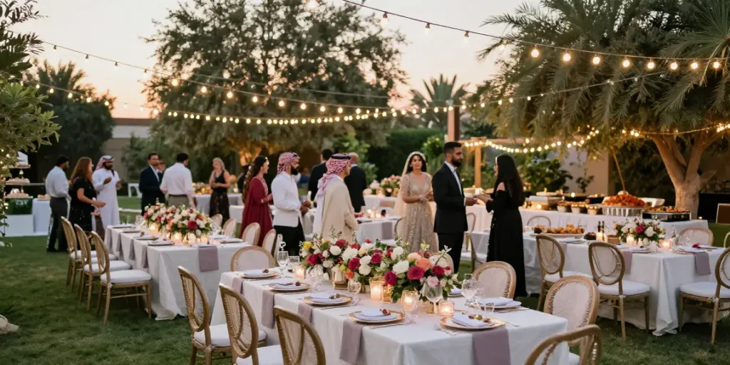 Event rentals for a stunning outdoor wedding reception in Riyadh, showcasing elegant decor and vibrant floral arrangements.