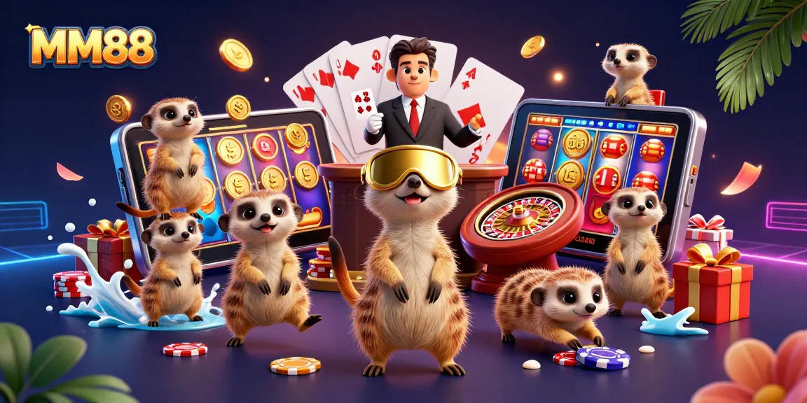Engage with MM88's captivating casino world featuring thrilling games and cheerful meerkats.