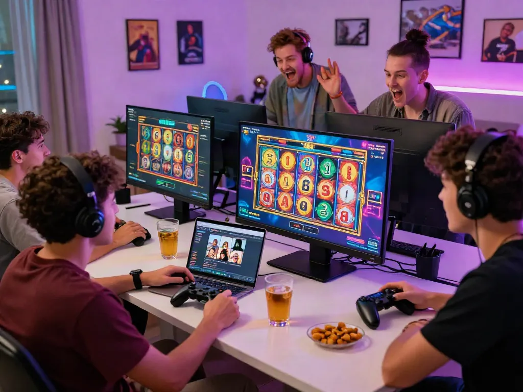 Friends enjoying an online slot game session with vibrant interface and cozy gaming setup