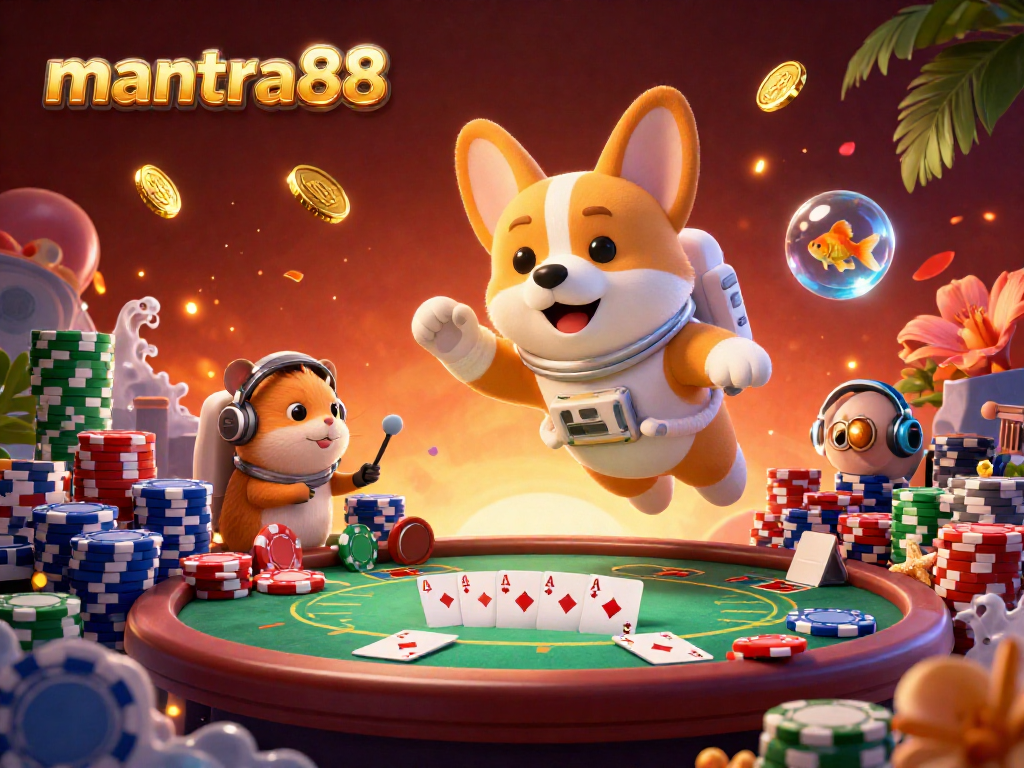 Engage with mantra88's exciting space-themed casino adventure featuring an astronaut corgi and tons of poker action.