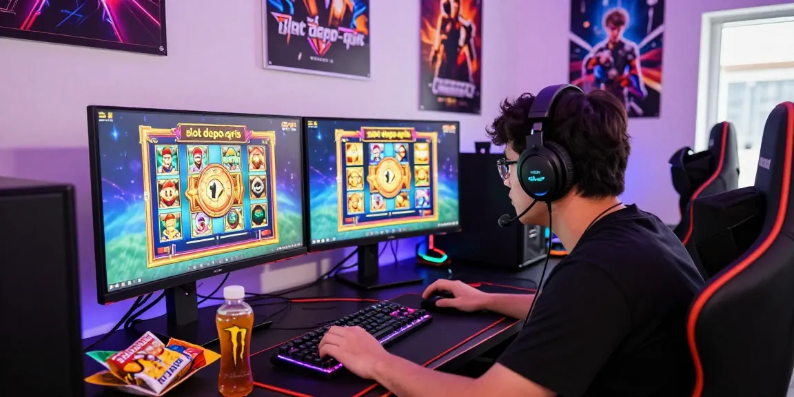 Player immersed in gaming with bright screens showcasing slot depo qris during an exciting online gaming session.