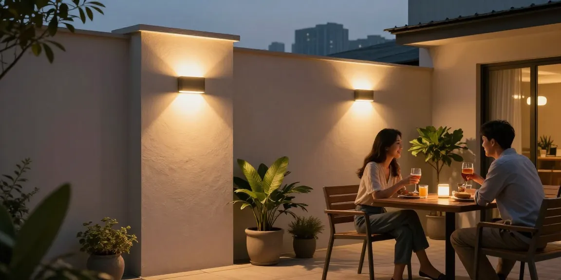 Aplica led exterior modernă iluminând o terasă confortabilă în seară.