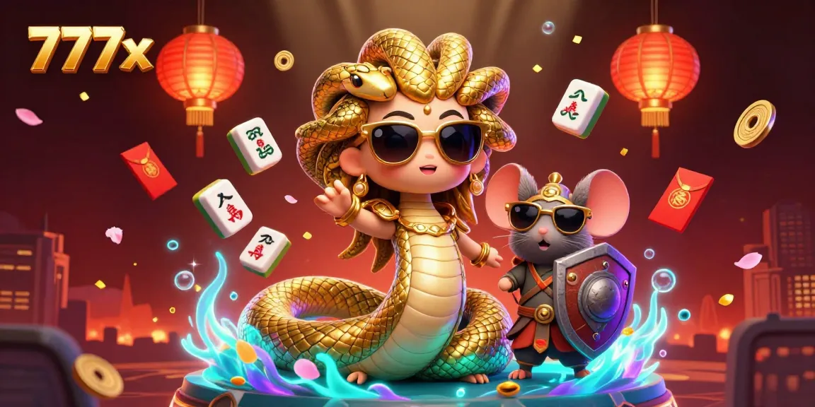 Win big with 777x in this vibrant online casino illustration featuring Medusa and a warrior mouse.