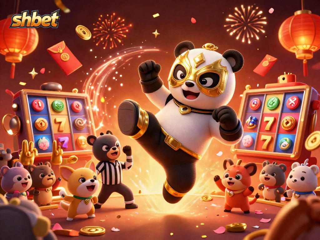 shbet showcases thrilling slots action with a panda wrestler flying kick amidst glowing celebrations.