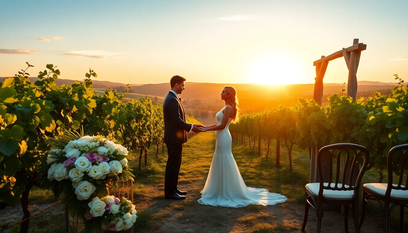 Couple celebrating a wine country wedding sacramento amidst beautiful vineyards and sunset.