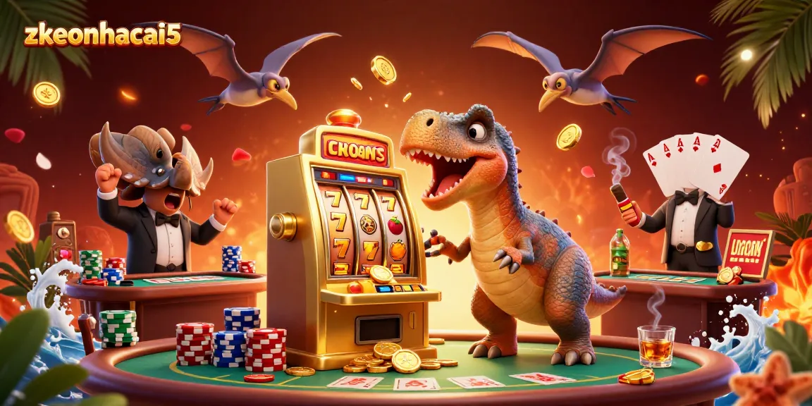 Experience zkeonhacai5 as dinosaurs play slots amidst a vibrant casino scene full of action.
