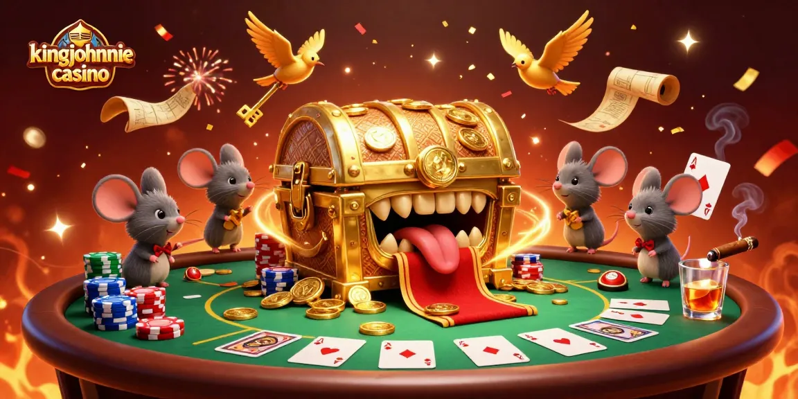Engage with the exciting atmosphere of kingjohnnie casino featuring treasure chests and poker elements.