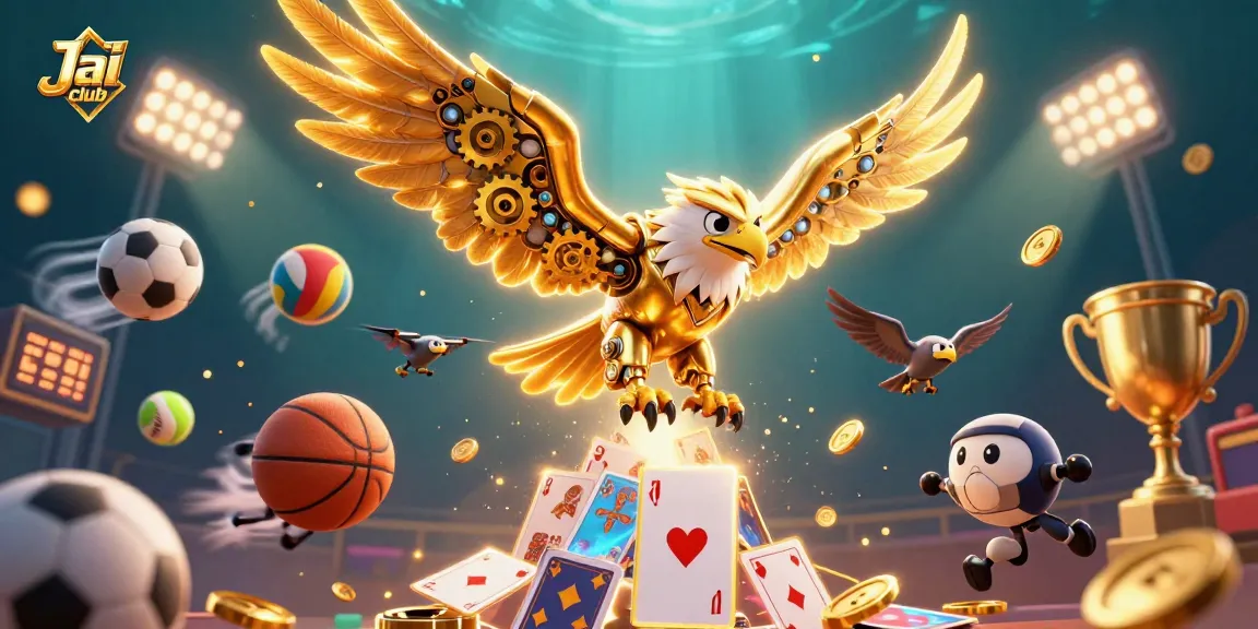 Experience the thrill of Jai club with a spectacular golden eagle amidst sports elements and vibrant graphics.