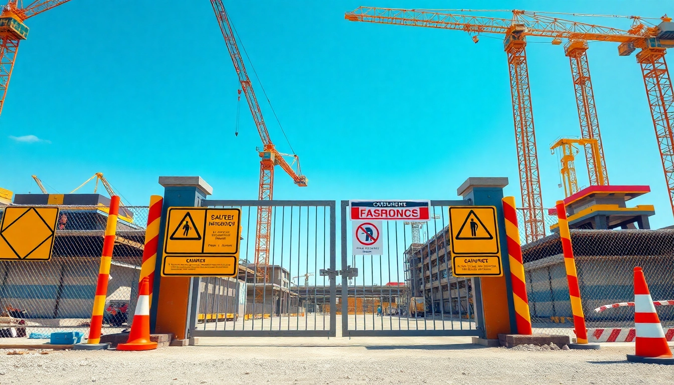 View of a dual gate sign construction site with safety instructions and construction equipment.