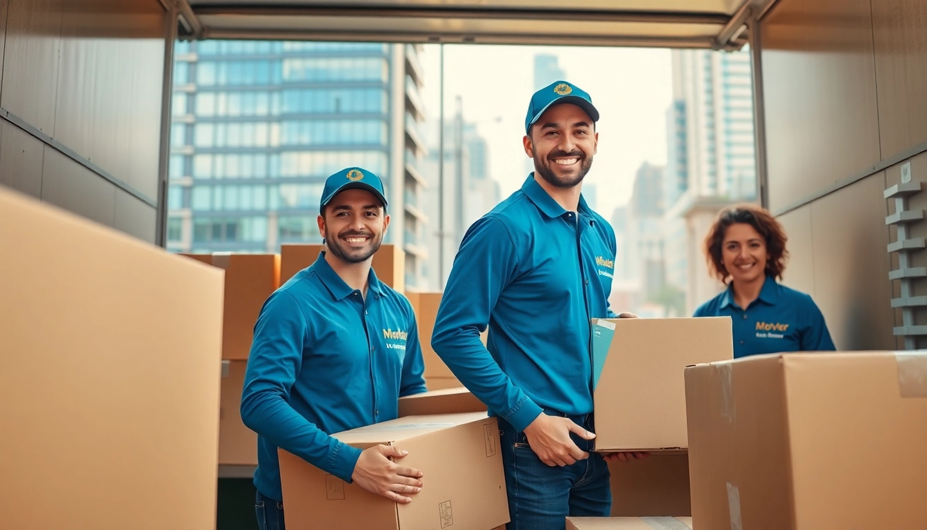 Efficient movers managing Residential Moving Services with care in an urban setting, showcasing teamwork.