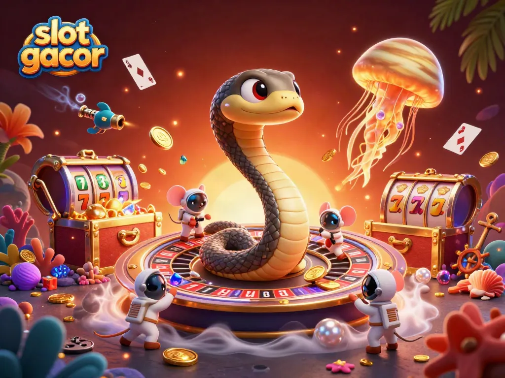 Menangkan jackpot di slot gacor dengan ilustrasi ruang kasino yang penuh warna dan aksi.