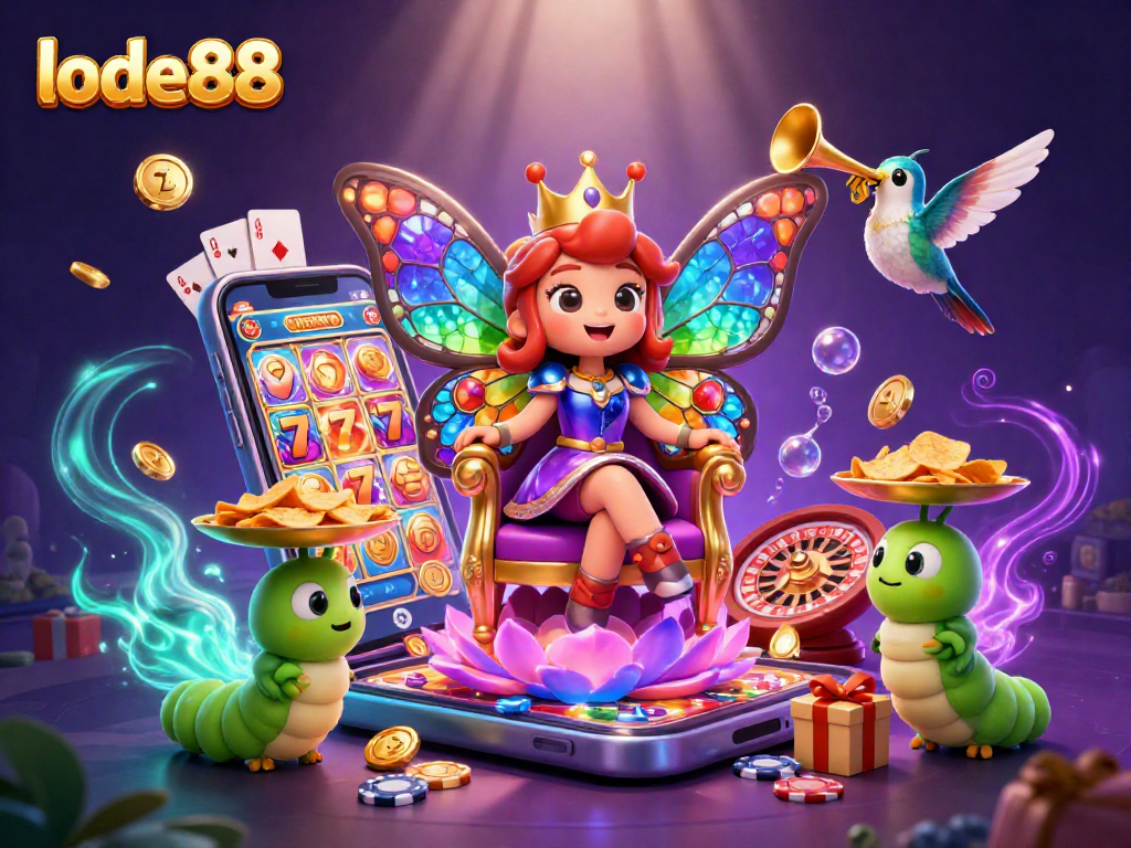 Experience lode88's vibrant magic with a dynamic butterfly queen and rich casino games illustration.